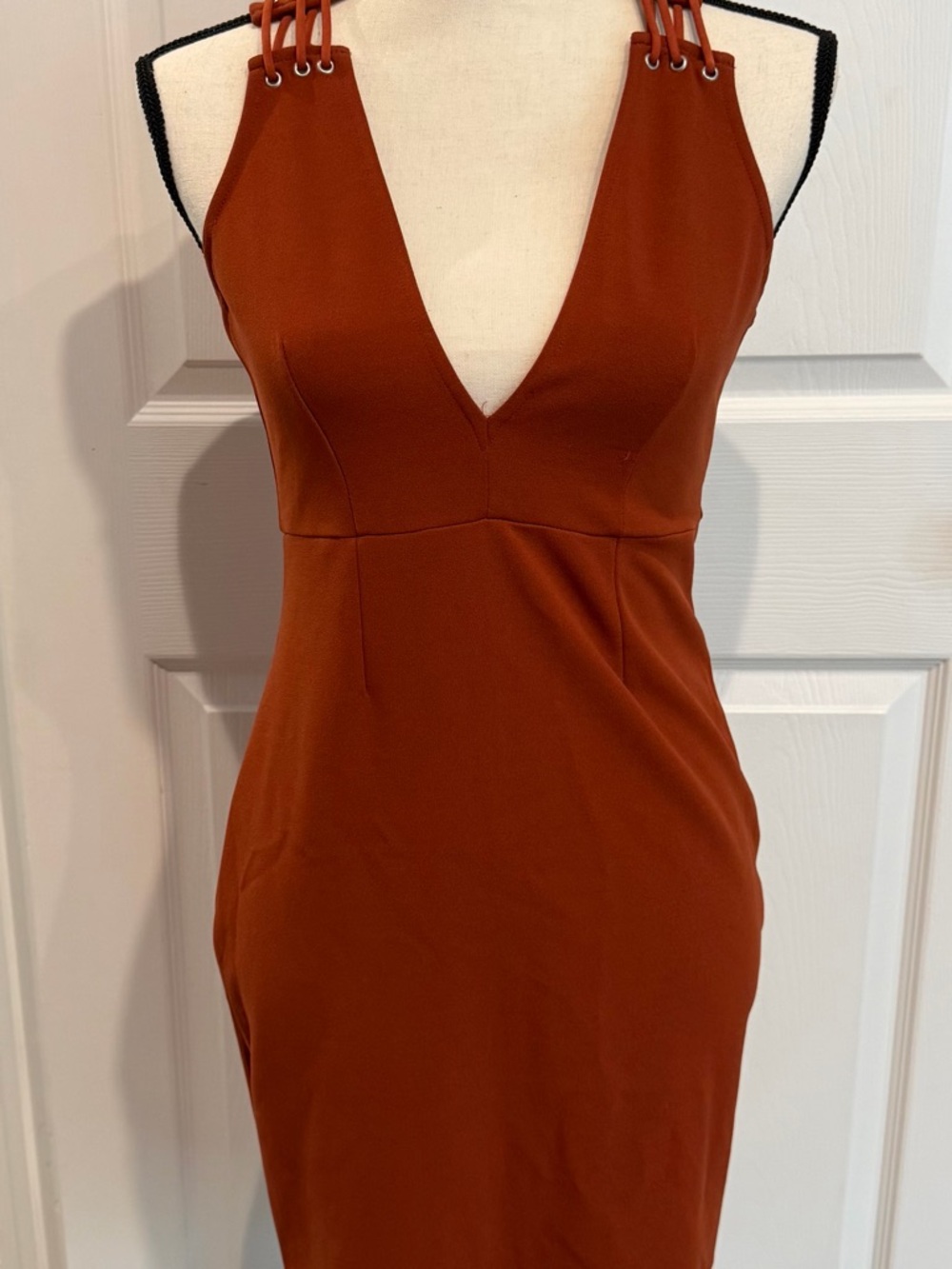 Rust Brown Deep V-Neck Bodycon Dress